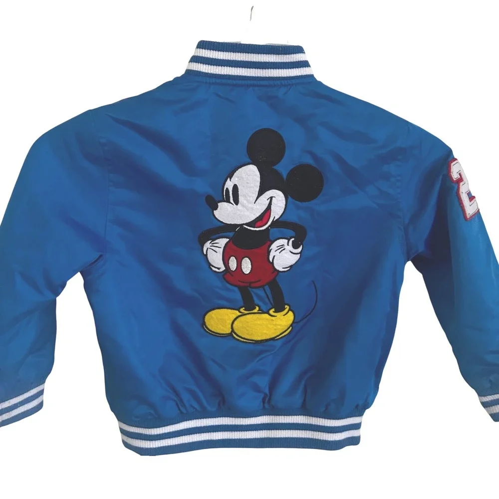 Retro Blue Mickey Mouse Bomber Jacket Racing‎ Stripes Patch Zip Up Kids Size 4T